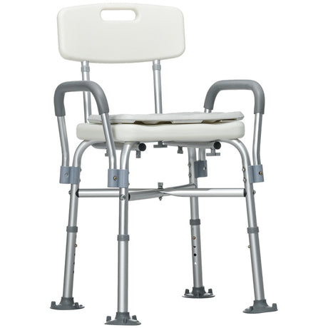 HOMCOM Aluminium Shower Chair with Backs and Arms, Height Adjustable Shower Seat with Removable Padded Cushion, Bath Stool for Seniors, Disabled, Pregnant, White