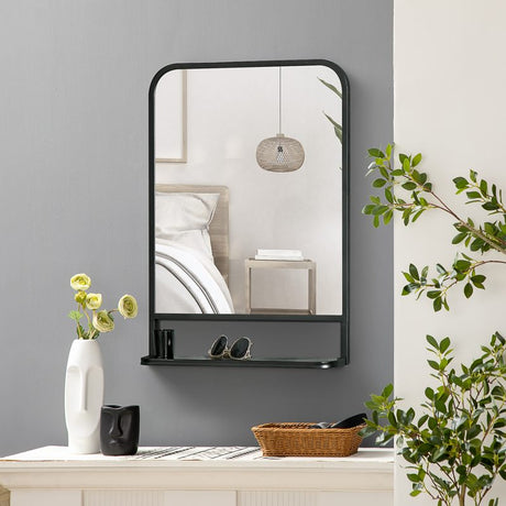 HOMCOM Modern Square Wall Mirror with Storage Shelf, 70 x 50 cm Mirrors for Living Room, Bedroom, Black