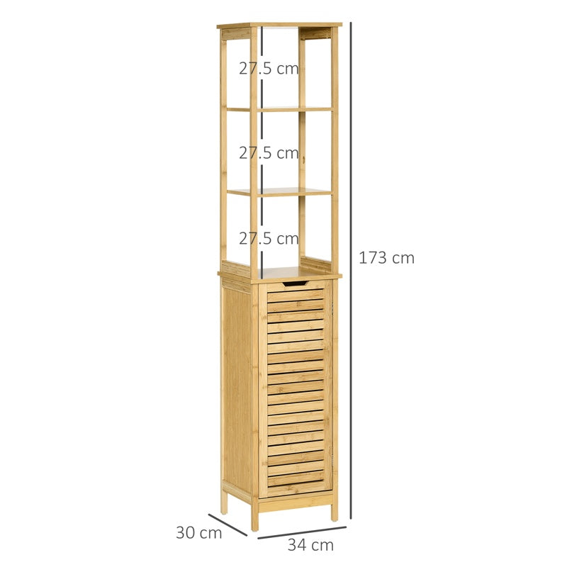 kleankin Tall Bathroom Cabinet, Slim Storage Cabinet, Tallboy Bamboo Storage Unit with 3-Tier Storage Shelves and Freestanding Organiser, Natural