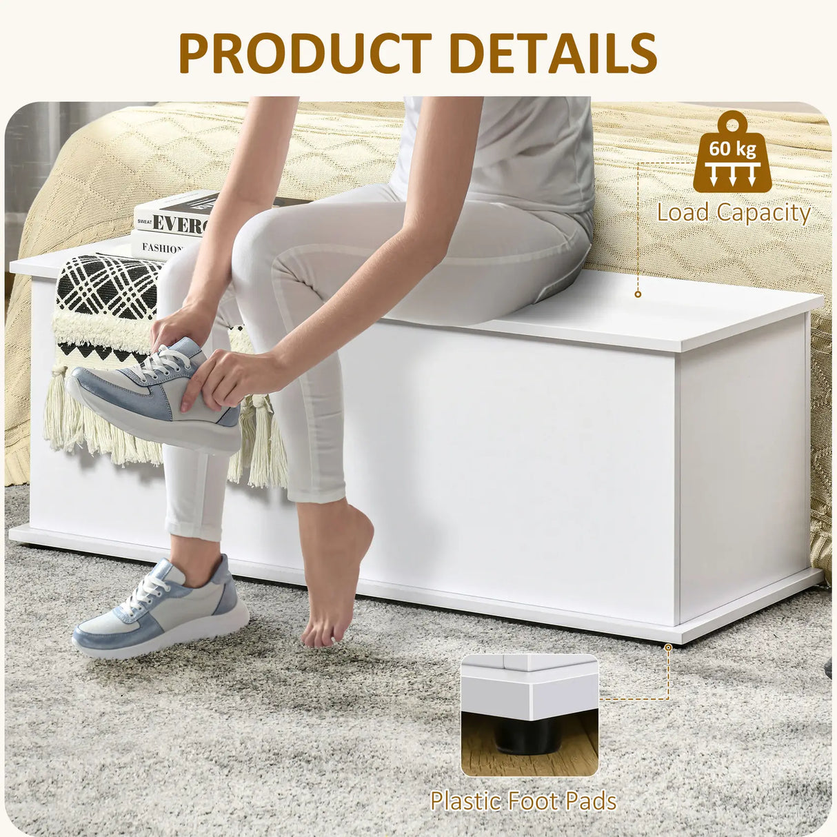 HOMCOM 113L Storage Chest, Storage Box with Flip-Top Lid and 2 Safety Hinges, Storage Trunk for Living Room, Entryway, 100 x 40 x 40 cm, White