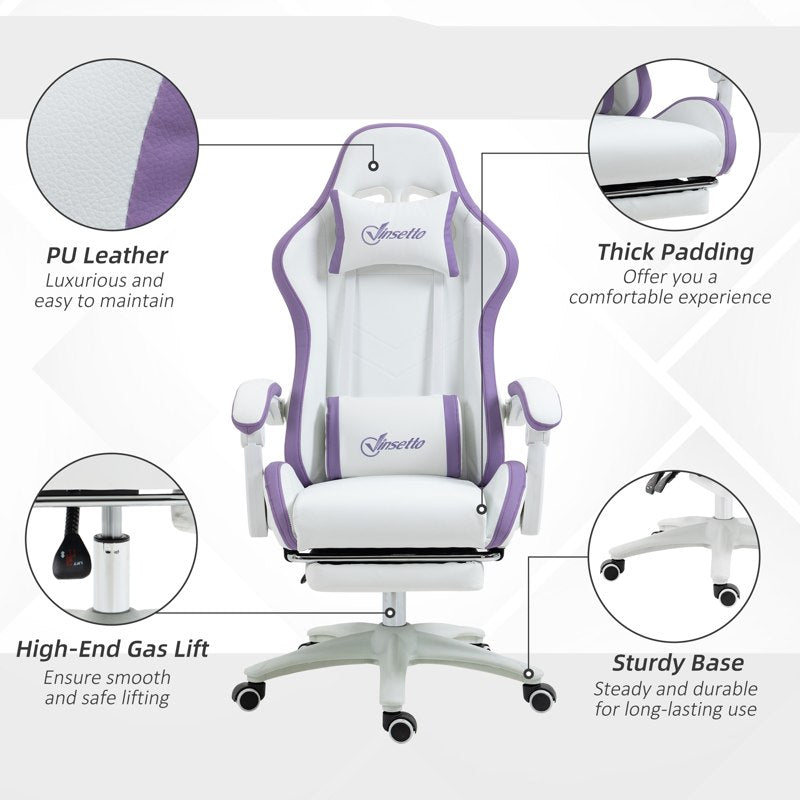 Vinsetto Computer Gaming Chair, PU Leather Desk Chair with Footrest, Swivel Task Chair with 135° Reclining Back and Lumbar Support, PC Chair for Adults, White and Purple