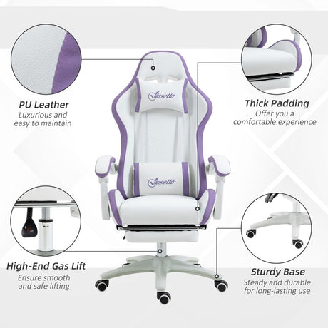 Vinsetto Computer Gaming Chair, PU Leather Desk Chair with Footrest, Swivel Task Chair with 135° Reclining Back and Lumbar Support, PC Chair for Adults, White and Purple