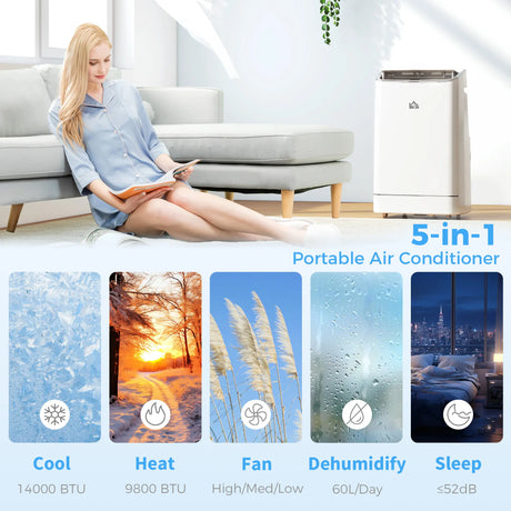 HOMCOM 14000 BTU Mobile Air Conditioner, Smart Home WiFi Compatible, with Heater, Cooler, Dehumidifier, Fan, 24H Timer
