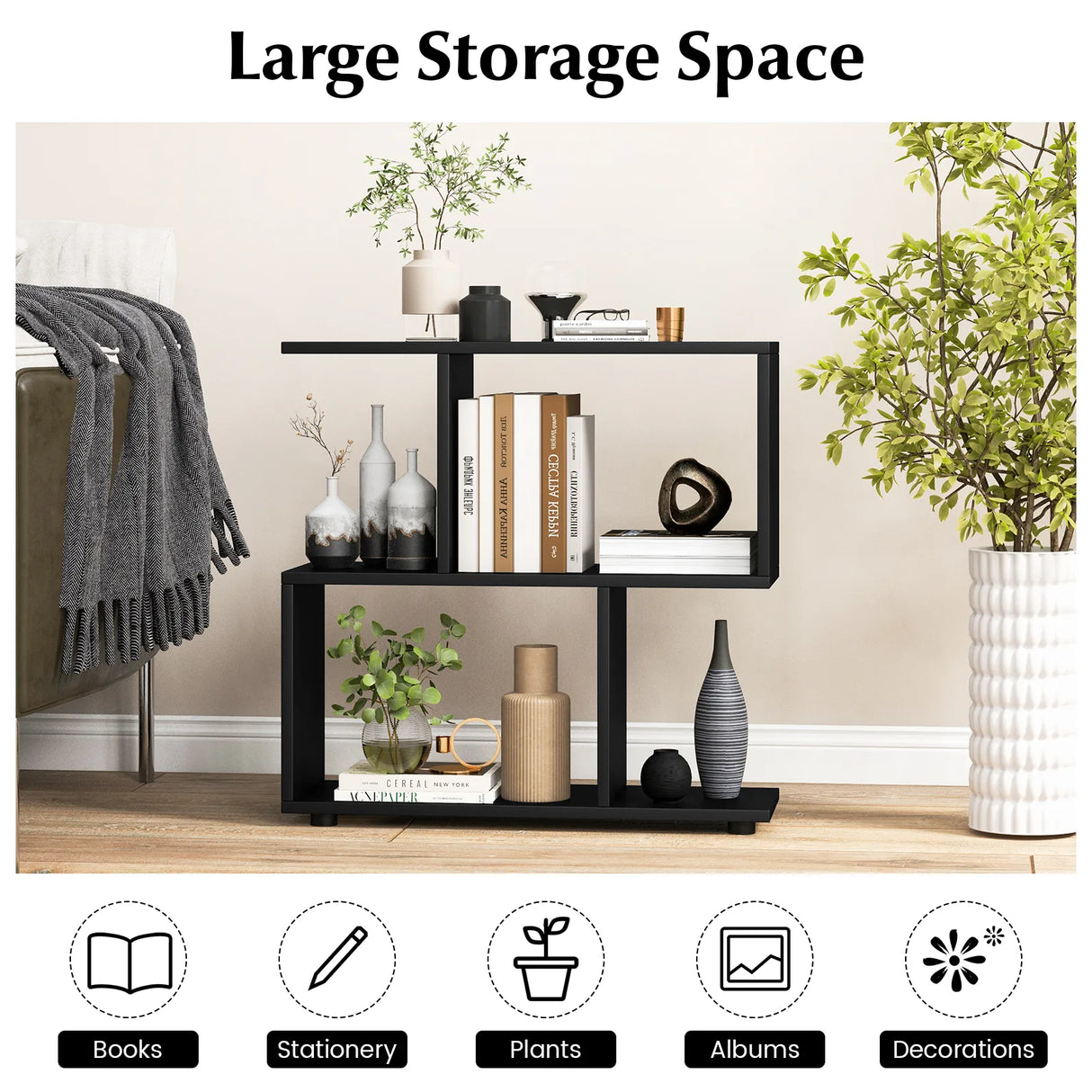24 Inch 3-Tier Geometric Bookshelf with Thick Foot Pads-Black