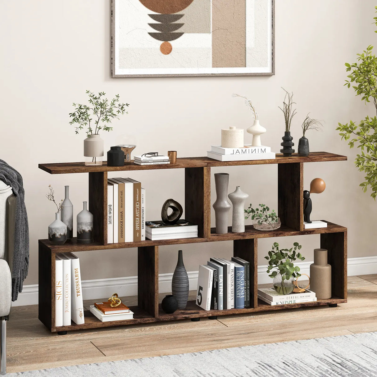 24 Inch 3-Tier Geometric Bookshelf with Thick Foot Pads-Brown