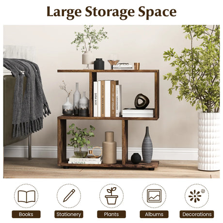 24 Inch 3-Tier Geometric Bookshelf with Thick Foot Pads-Brown