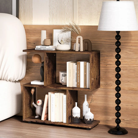 24 Inch 3-Tier Geometric Bookshelf with Thick Foot Pads-Brown