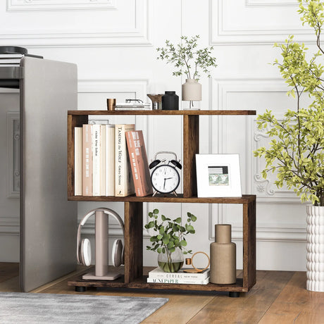 24 Inch 3-Tier Geometric Bookshelf with Thick Foot Pads-Brown