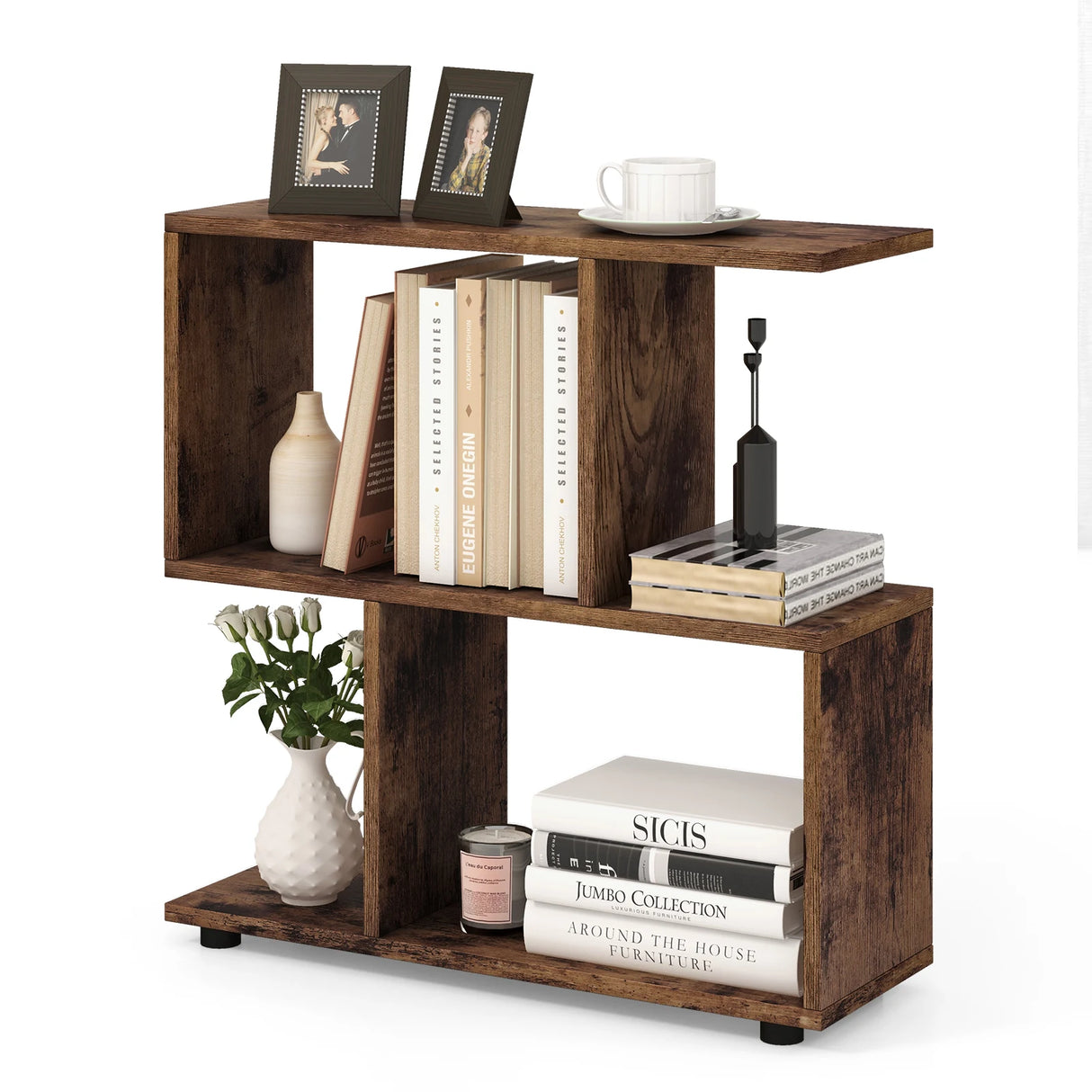 24 Inch 3-Tier Geometric Bookshelf with Thick Foot Pads-Brown
