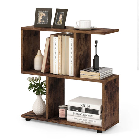 24 Inch 3-Tier Geometric Bookshelf with Thick Foot Pads-Brown