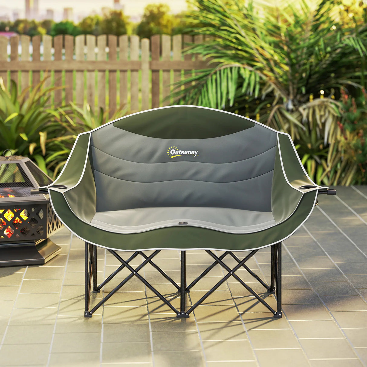 Outsunny Double Camping Chair for Adults with Armrests, Heavy Duty Oversized Padded Folding Chair with Carry Bag, Cup Holders for Outdoor Hiking Picnic Camping Fishing, 250kg Capacity, Green