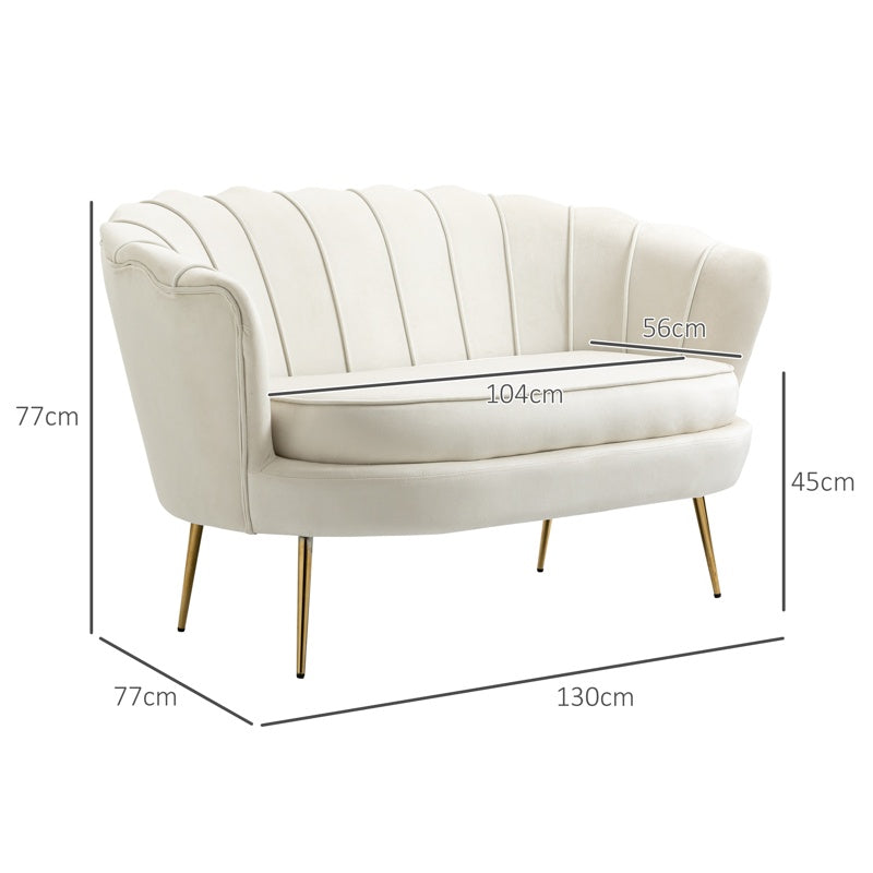 HOMCOM 2 Seater Sofa, Modern Velvet Loveseat Sofa, Fabric Small Couch with Petal Backrest and Gold Steel Legs for Living Room, Bedroom, Cream