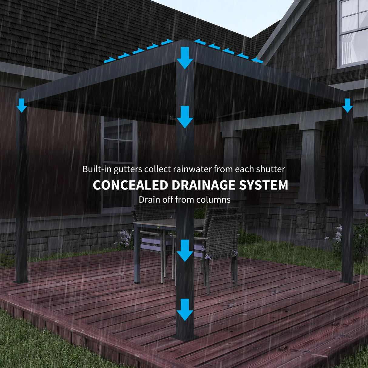 Outsunny 3 x 3(m) Electric Louvered Pergola with LED Lights, Aluminium Pergola Hardtop Gazebo with Remote, Adjustable Roof and Drainage System, Water and UV Proof