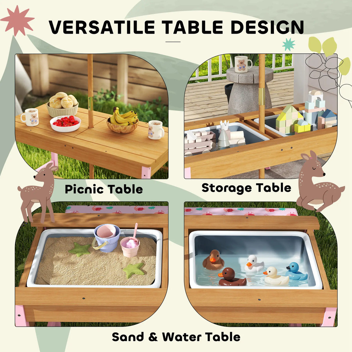 AIYAPLAY Kids Picnic Table Set with Removable & Foldable Umbrella, Cushions, Storage Boxes, Flamingo Theme, Pink