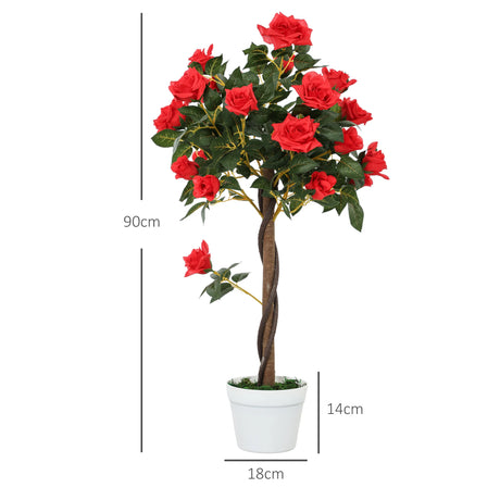 Outsunny Set of 2 Artificial Plants White Rose Floral in Pot, Fake Plants for Home Indoor Decor, 90cm, Red