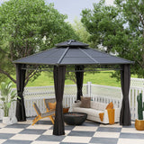 Outsunny 3 x 3 (m) Outdoor Polycarbonate Gazebo, Double Roof Hard Top Gazebo with Galvanised Steel Frame, Nettings & Curtains for Garden, Lawn, Patio and Deck, Dark Grey