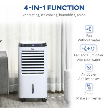 HOMCOM Portable Air Cooler, Evaporative Anion Ice Cooling Fan Water Conditioner Humidifier Unit with 10L Water Tank, 3 Modes, 3 Speed, Remote, Timer, Oscillating for Home Quiet Bedroom, White