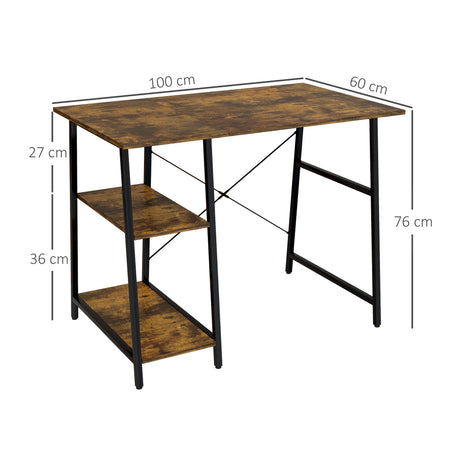 HOMCOM 100cm Computer Desk with Storage, Industrial Home Office Desk with 2 Tier Shelves and Steel Frame, Computer Table for Study Room, Rustic Brown