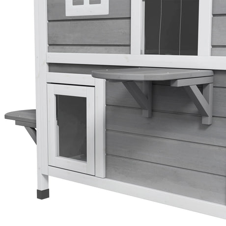 PawHut 2-story Cat House Outdoor, Weatherproof Wooden Cat Enclosure for Feral Cats with Escape Door, Openable Roof, Jumping Platforms, Grey