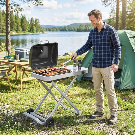 Outsunny Foldable Gas BBQ Grill with Side Table, Portable Gas Barbecue Grill with Thermometer, Grease Box, Wheels, 2.5 kW, Black