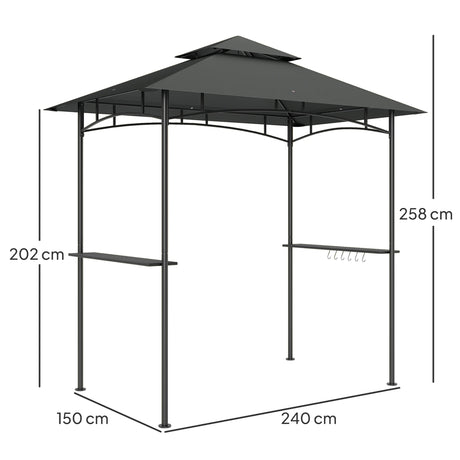 Outsunny 8' x 5' Grill Gazebo, Double Tiered BBQ Gazebo Shelter Canopy with LED Lights, 2 Side Shelves, Hooks, Dark Grey