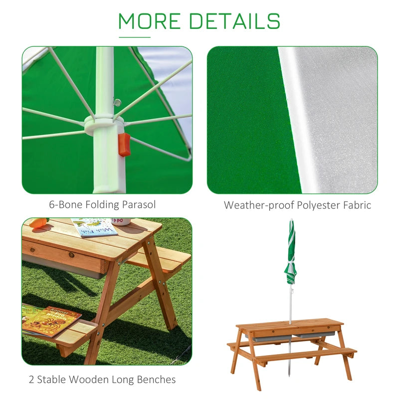 Outsunny Kids Picnic Table with Benches, Wooden Sand and Water Table, Adjustable Parasol, Storage Bins, for Kids 3-6 Years, Brown