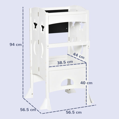 HOMCOM Kids Step Stool Toddler Kitchen Stool with Blackboard Lockable Handrail for Kids Kitchen Counter White