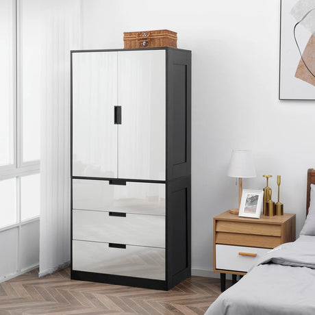 HOMCOM 2 Door Wardrobe, Modern Wardrobe with 3 Drawers and Hanging Rod for Bedroom, High Gloss White