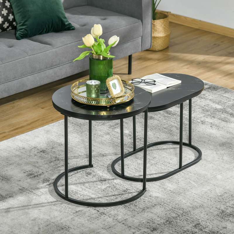 HOMCOM Marble-Effect Nest of Tables - Black/White