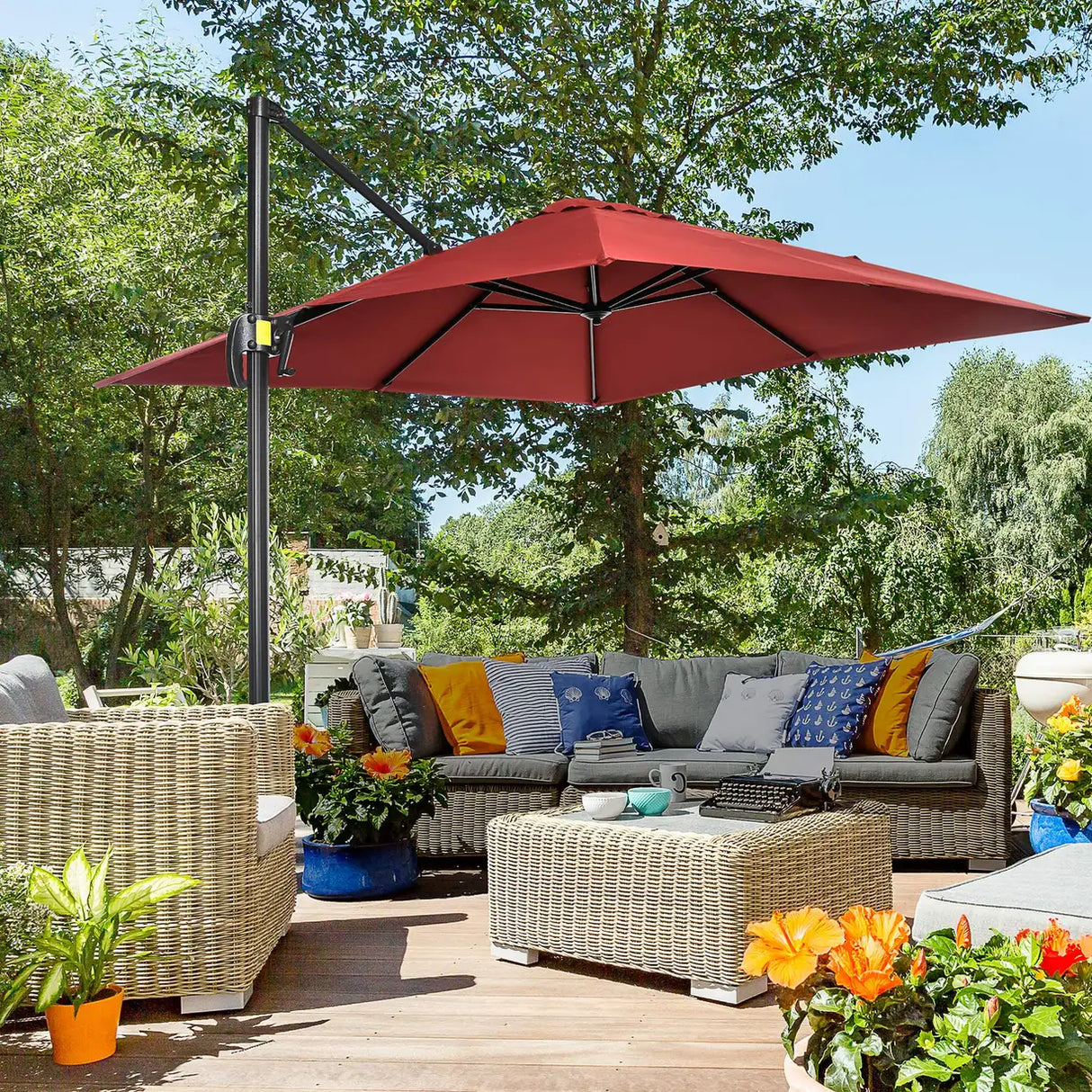 Outsunny 2.5 x 2.5m Patio Offset Parasol Umbrella Cantilever Hanging Aluminium Sun Shade Canopy Shelter 360 Rotation with Crank Handle and Cross Base, Wine Red
