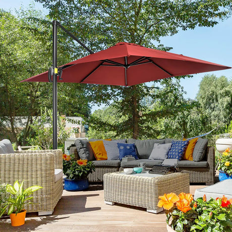 Outsunny 2.5 x 2.5m Patio Offset Parasol Umbrella Cantilever Hanging Aluminium Sun Shade Canopy Shelter 360 Rotation with Crank Handle and Cross Base, Wine Red