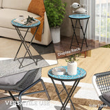 Outsunny Mosaic Outdoor Garden Table, 35.5cm Round Folding Coffee Table with Metal Frame for Balcony Terrace, Blue