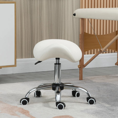 HOMCOM Cosmetic Stool 360 Rotate Height Adjustable Salon Massage Spa Chair Hydraulic Rolling Faux Leather Saddle Stool, Cream