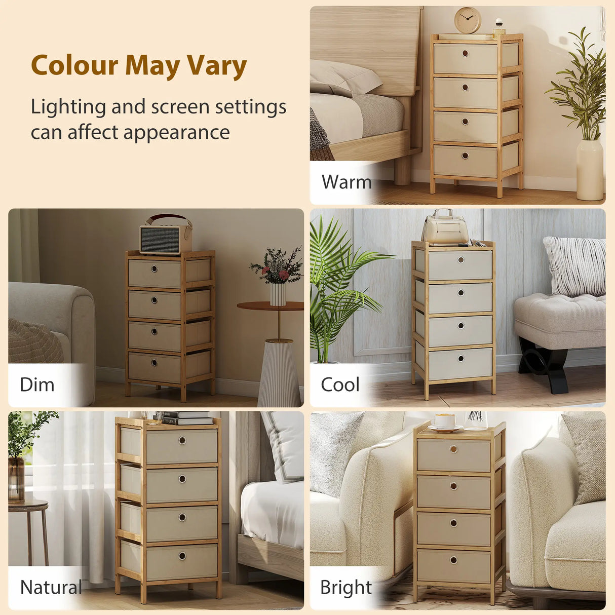 HOMCOM Chest of Drawers, 4 Fabric Drawers Narrow Dresser with Bamboo Frame, Cream White