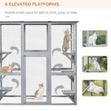PawHut Wooden Catio Cat Outdoor Enclosure, Cat Cage with Waterproof Roof, Platforms, for Multiple Kittens, 180 x 98 x 180 cm