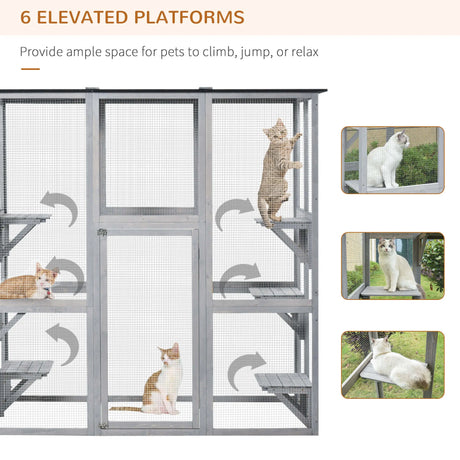 PawHut Wooden Catio Cat Outdoor Enclosure, Cat Cage with Waterproof Roof, Platforms, for Multiple Kittens, 180 x 98 x 180 cm
