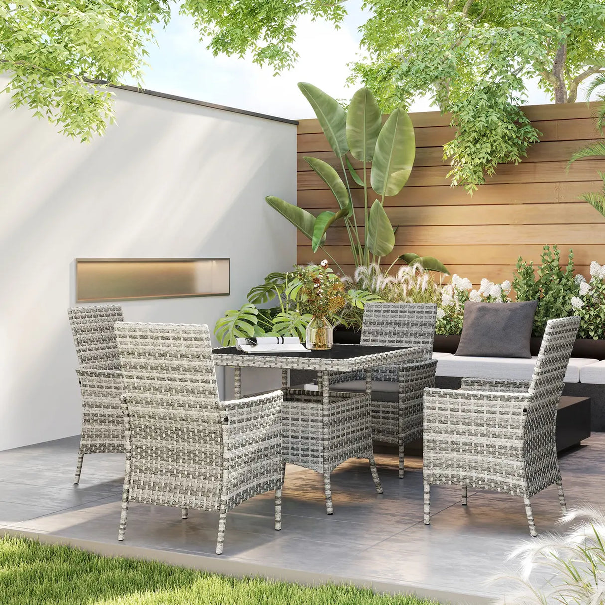 Outsunny Rattan Garden Furniture Set, Outdoor Dining Table and Chairs 4 Seater with Cushions, Square Tempered Glass Top, 4 Armchairs, for Balcony, Terrace, Conservatory, Mixed-Grey