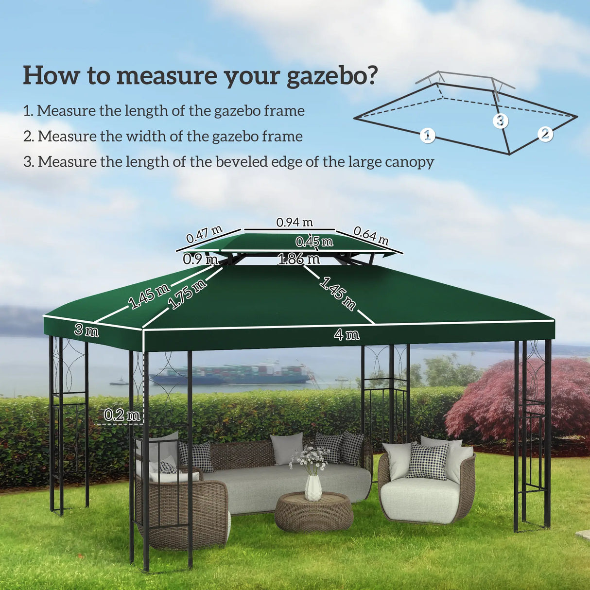 Outsunny Gazebo Roof Replacement, for 3 x 4m Frames - Green
