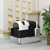 PawHut Panda Style XL Stainless Steel Cat Litter Box with Lid, Enclosed Kitty Litter Box with Scoop, 60 x 40 x 45 cm