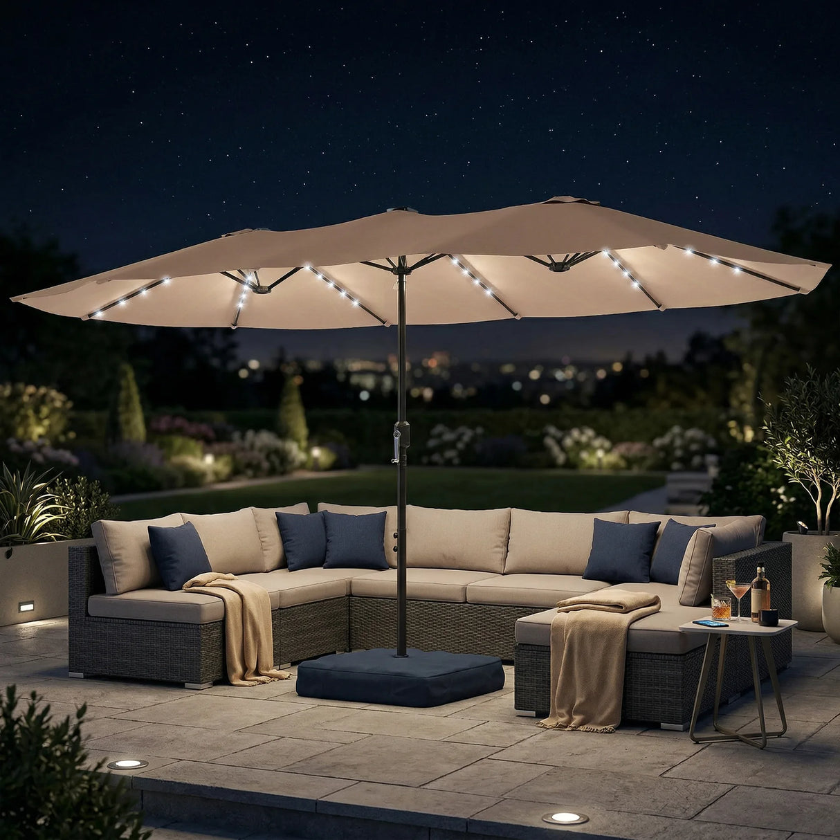 Outsunny Patio Umbrella Double-Sided Outdoor Umbrella with Solar Lights Base, Khaki