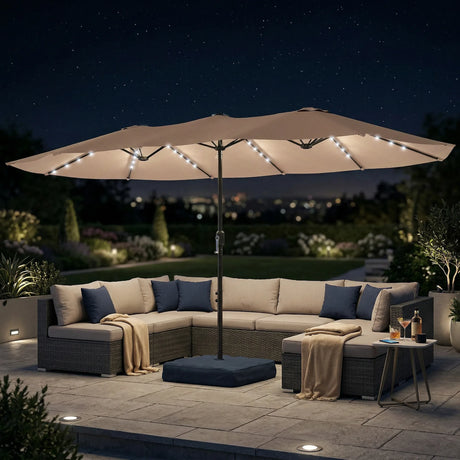Outsunny Patio Umbrella Double-Sided Outdoor Umbrella with Solar Lights Base, Khaki