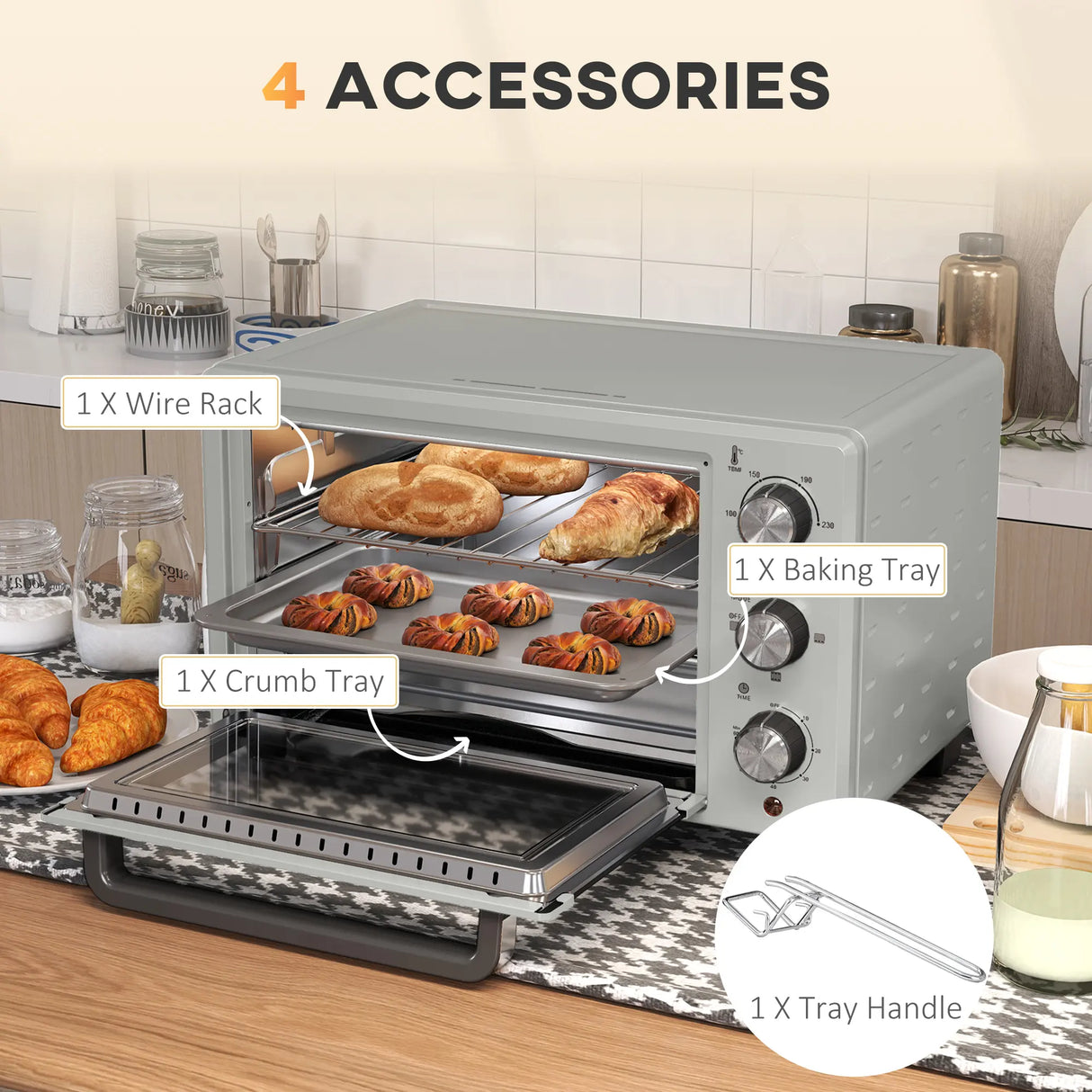HOMCOM 21L Mini Countertop Oven, 100C-230C Adjustable Temp - Silver Tone