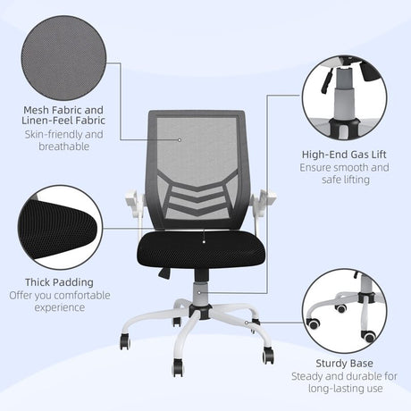 Vinsetto Mesh Office Chair, Computer Desk Chair with Flip-up Armrests, Lumbar Back Support and Swivel Wheels, Black