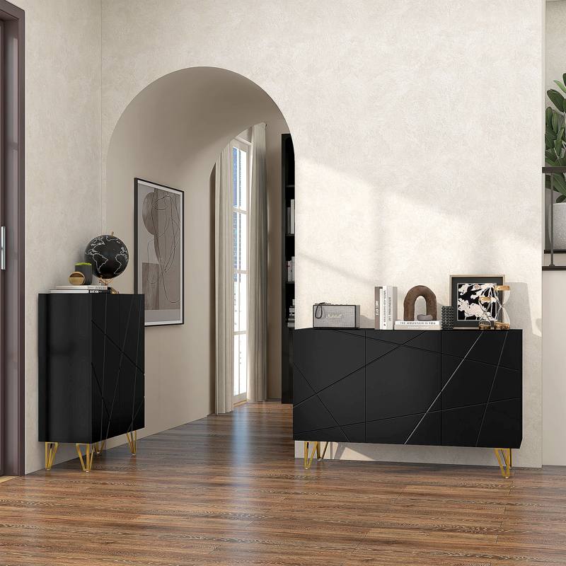 HOMCOM Modern Luxe High Gloss Sideboard with Golden Hairpin Legs, Black