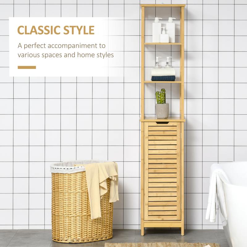 kleankin Tall Bathroom Cabinet, Slim Storage Cabinet, Tallboy Bamboo Storage Unit with 3-Tier Storage Shelves and Freestanding Organiser, Natural