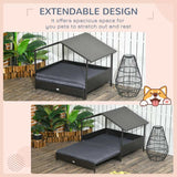 PawHut Extendable Elevated Dog Bed, Rattan Dog House w/ Water-Resistant Roof, Removable Cushion - Grey