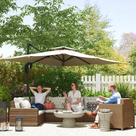 Outsunny 3.7 x 2.7 m Cantilever Parasol w/ 360 Rotation and Easy Tilt Adjustment, Aluminium Hanging Offset Outdoor Umbrella w/ Double Top and Cross Base, UPF50+ Hanging Sun Shade, Black