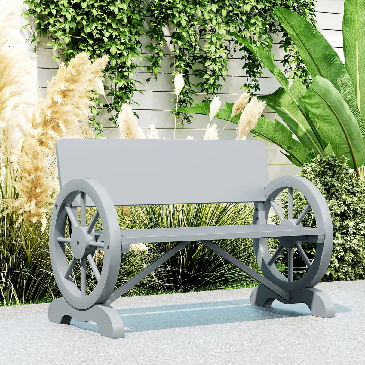 Outsunny Fir Wood 2-Seater Outdoor Garden Wagon Wheel Bench, Grey