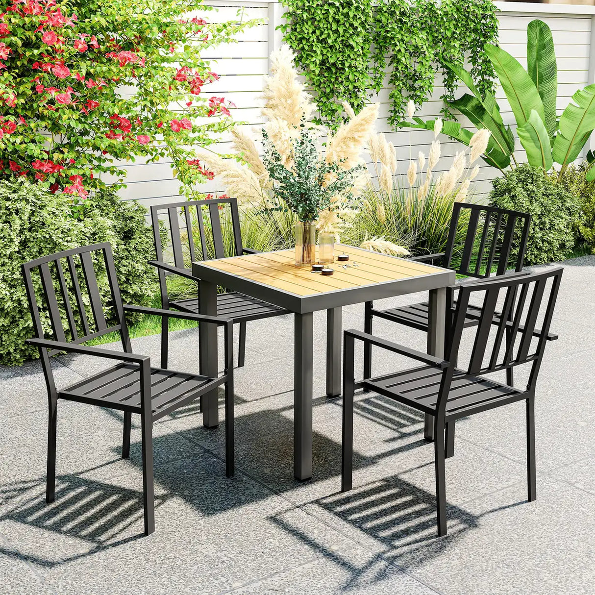 Outsunny Set of Four Minimal Metal Garden Chairs - Black