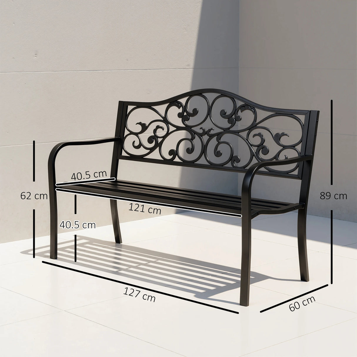 Outsunny Metal Garden Bench with Floral Backrest and Armrests - Black